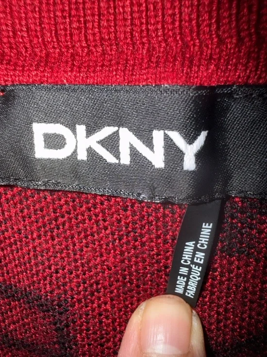 DKNY Red V-Neck Logo Knit Pullover - Picture 4 of 5